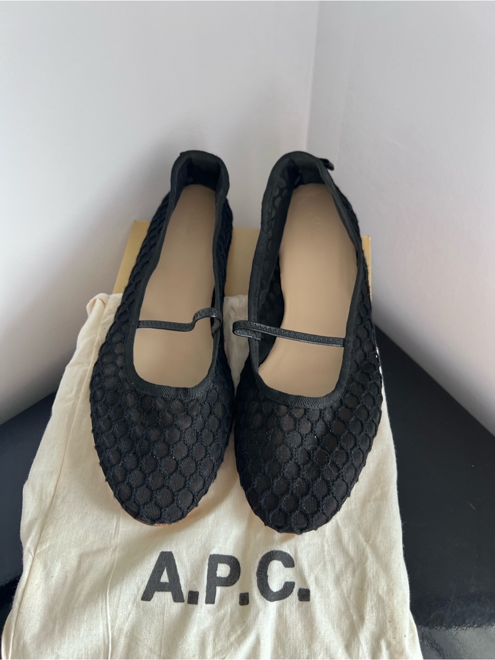 A.P.C. Black Mesh Mary Jane Ballet Flats